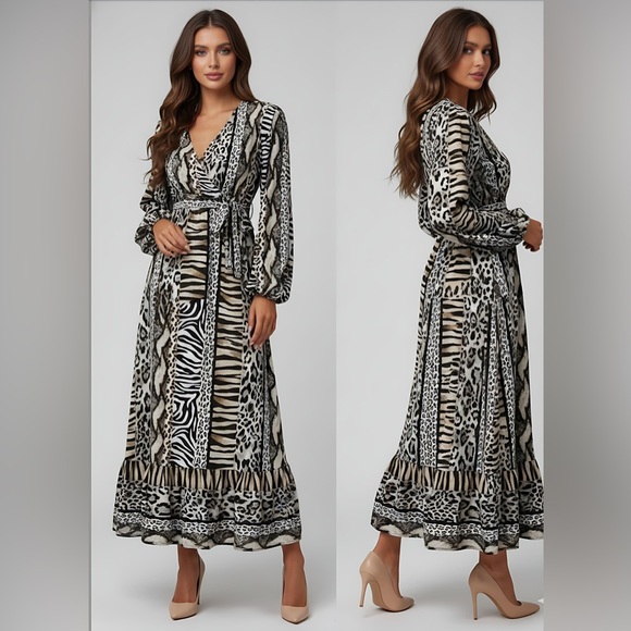 Animal Print Lantern Sleeve Tie Waist A-Line Dress - Picture 2 of 9